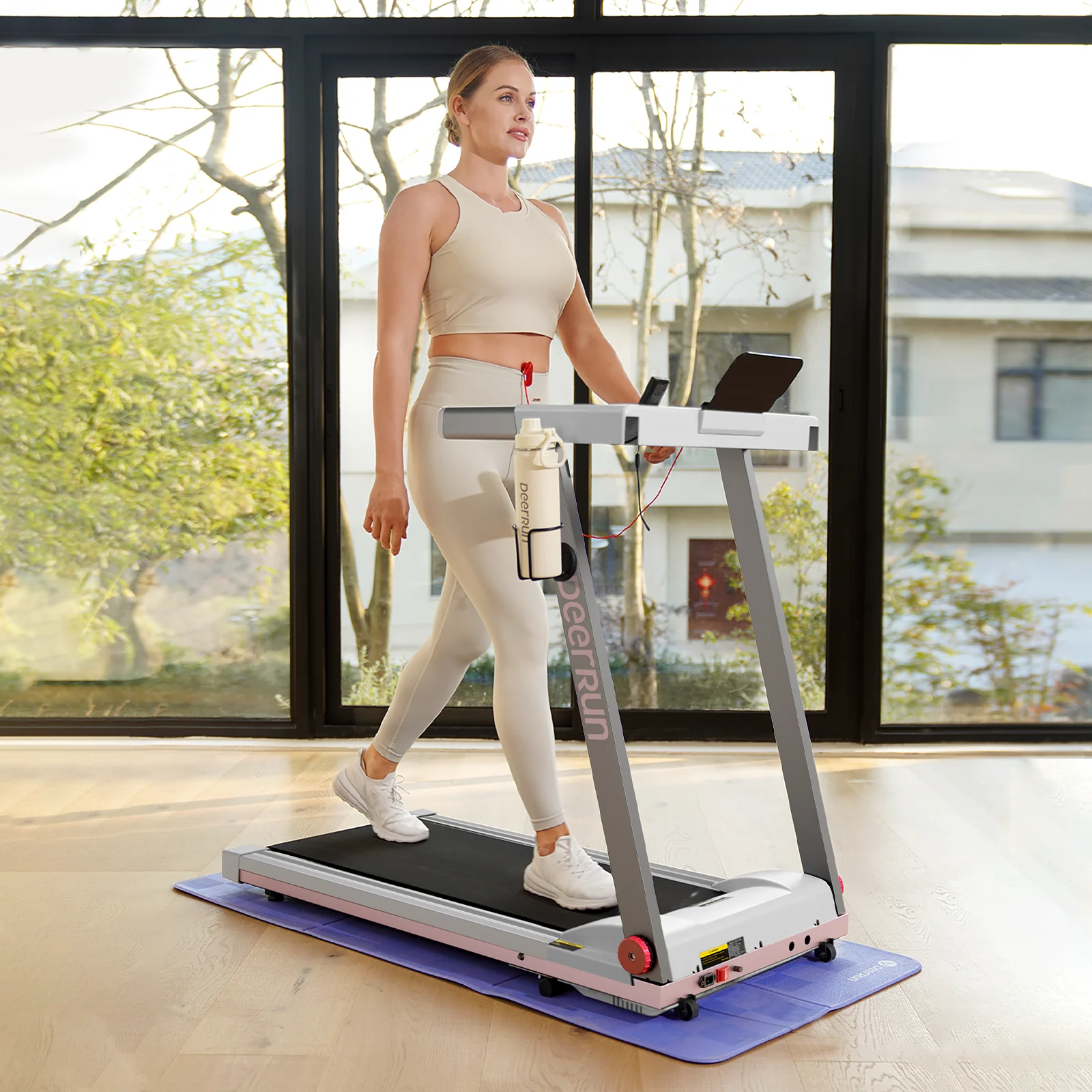 Folding Smart Treadmill with  6% Incline Pink Grey- Support Bluetooth & Remote Wireless Control