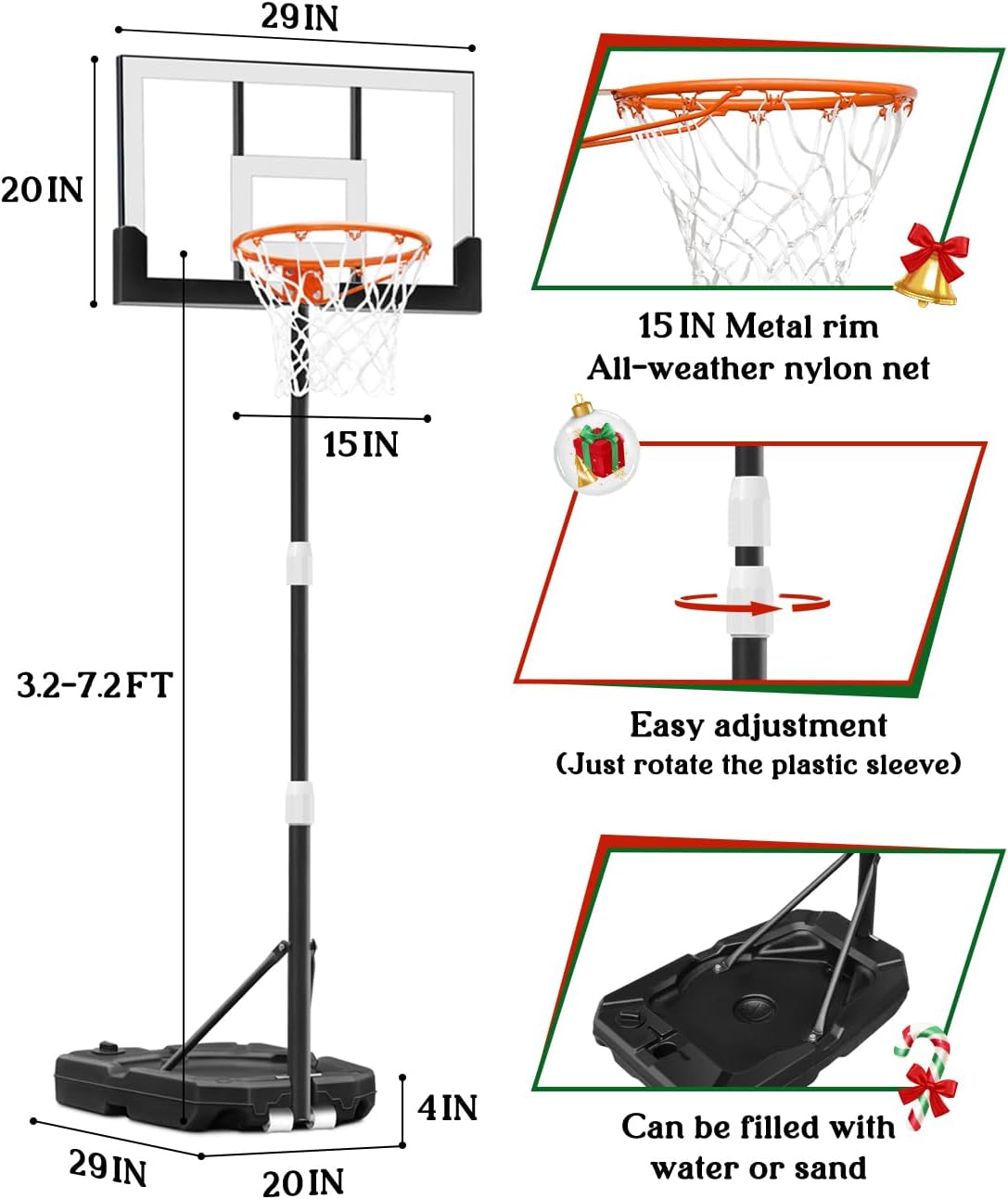 Kids Basketball Hoop Outdoor 3.2-7.2ft Adjustable, Portable Basketball Hoop & Goals for Kids/Teens/Youth in Pool/Backyard/Driveway/Indoor, 29 Inch Shatterproof Backboard and Enlarged Base