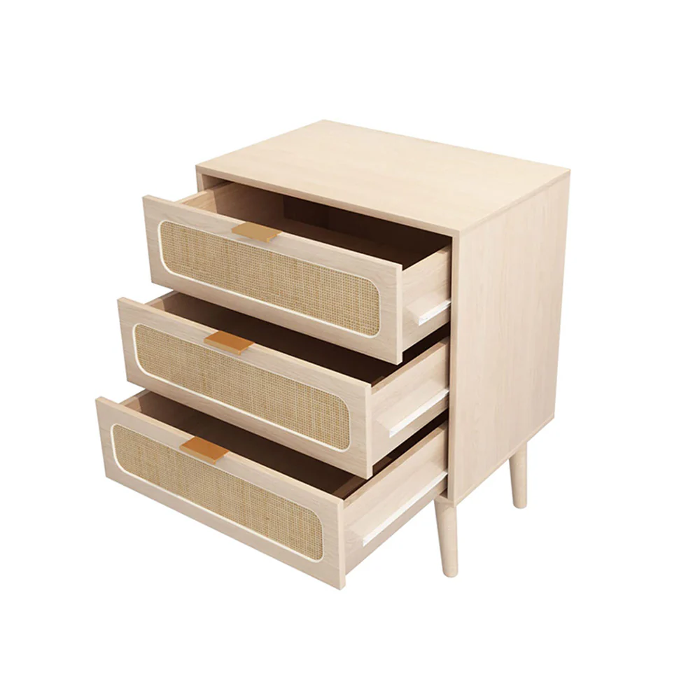 Rattan Nightstand Dresser Table with 3 Drawers