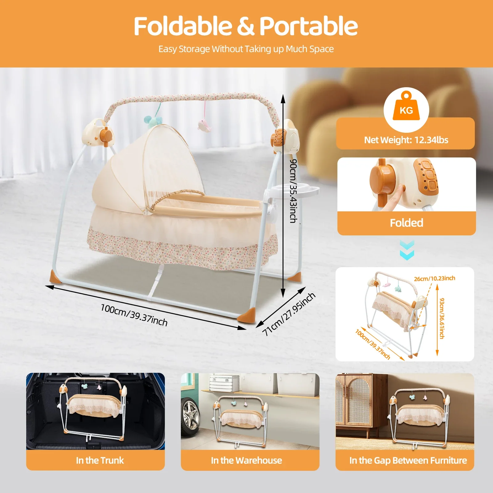 🍼Foldable Electric Baby Cradle with Music & Motion