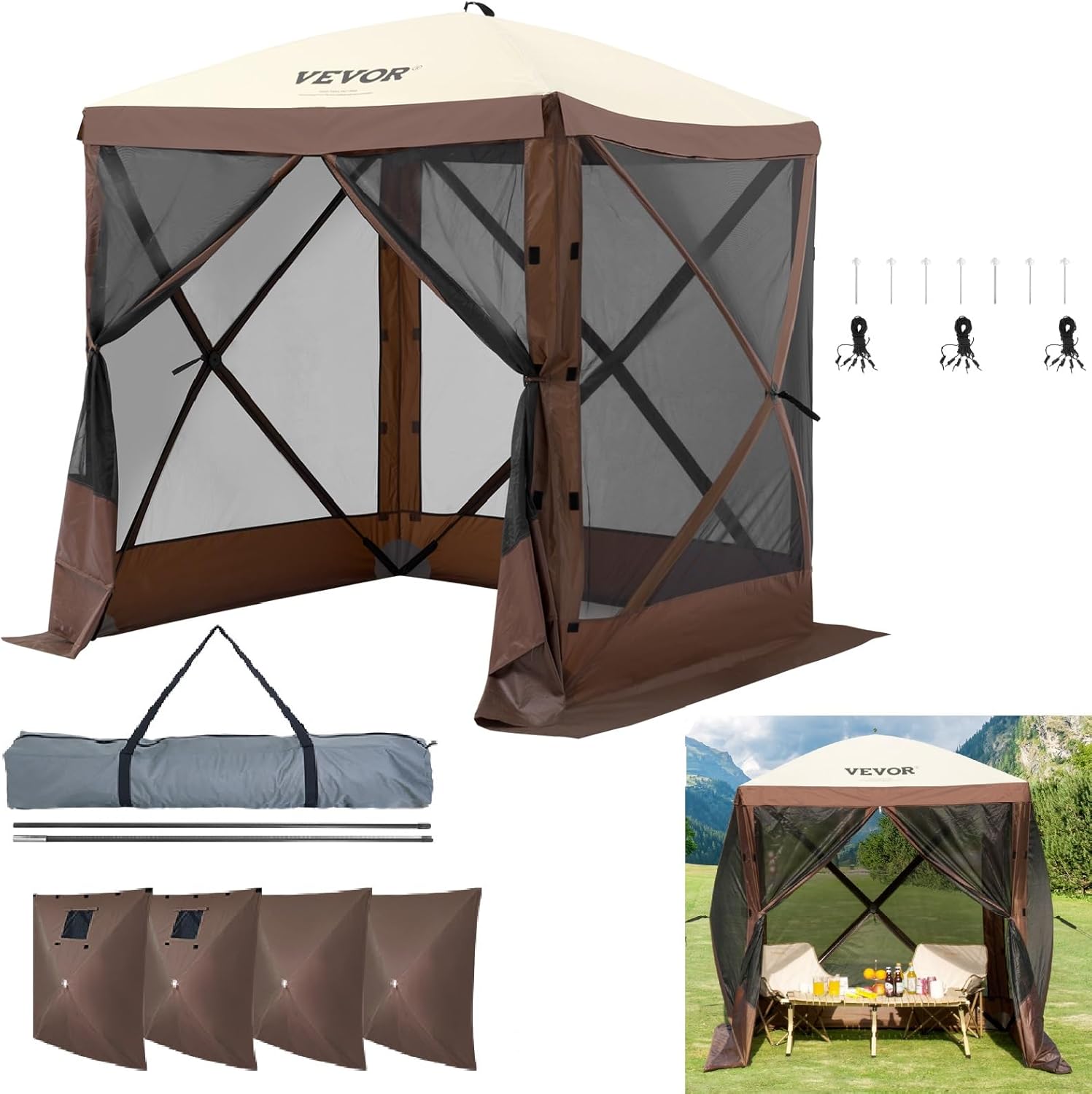 6 Sided Pop-up Canopy Shelter Tent with Mesh Windows, Portable Carry Bag, Stakes, Large Shade Tents for Outdoor Camping, Lawn and Backyard, Brown/Beige