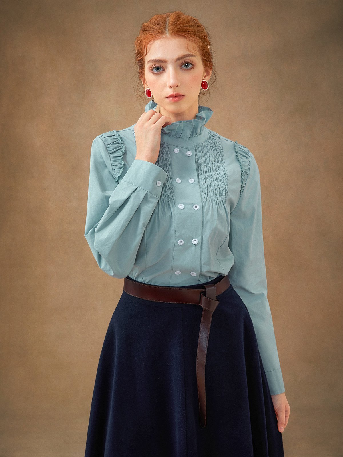 Jane Collection - Mineral Blue Wool-Blend Midi Skirt with Pockets