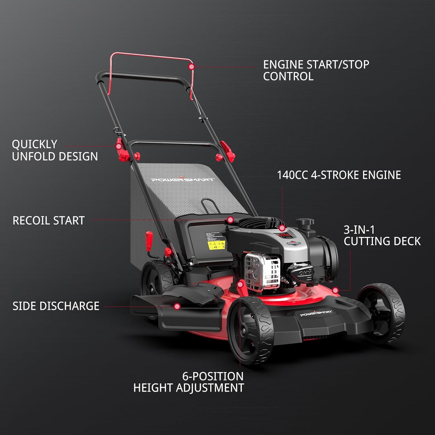 Gas Lawn Mower 21-Inch 144cc OHV Engine 3-in-1 Push Mower with Bagging