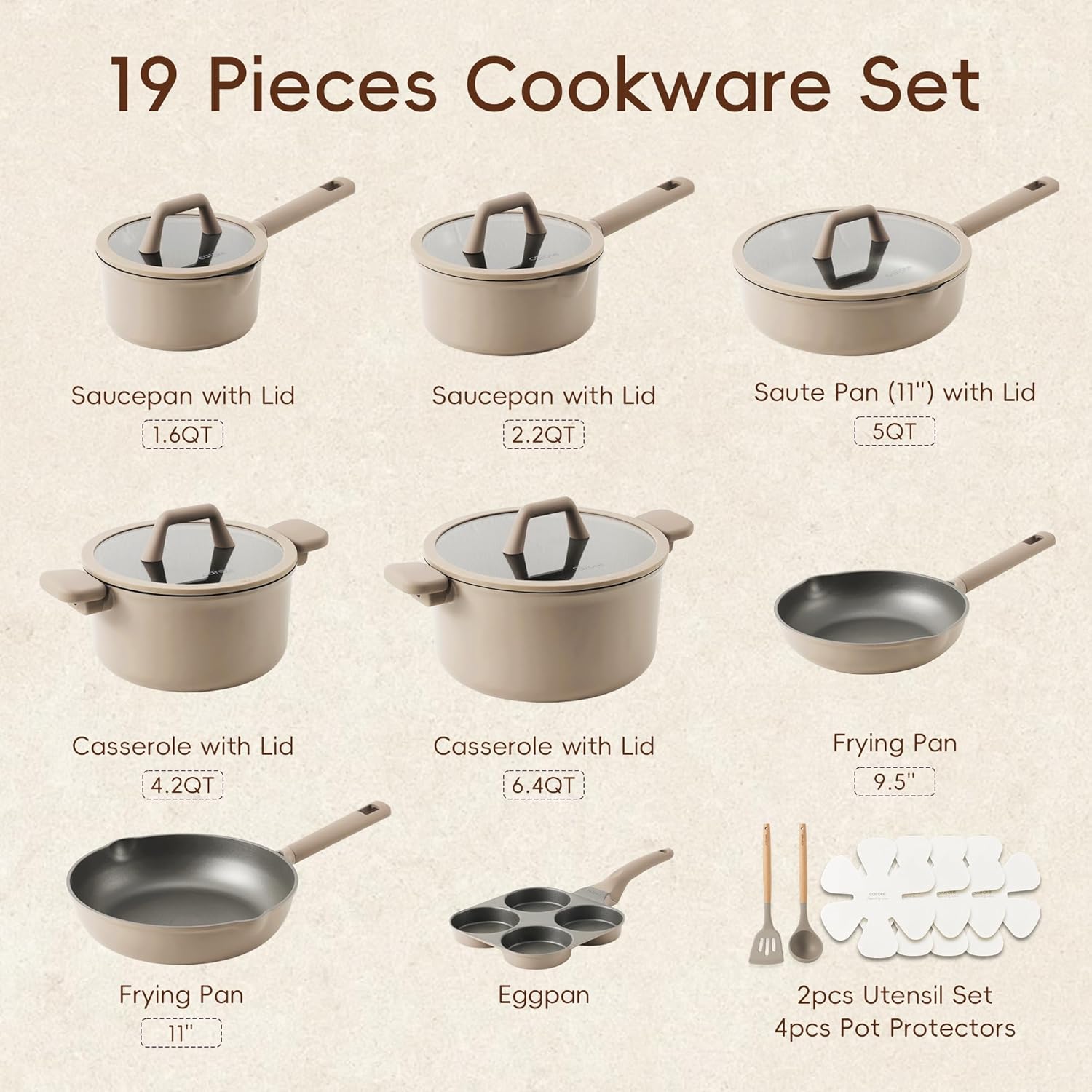 19pcs Nonstick Cookware Set, Pots and Pans Set Non Stick, kitchen Cooking Set, Premium Induction Cookware, Frying pan, Large Capacity Granite, Brown