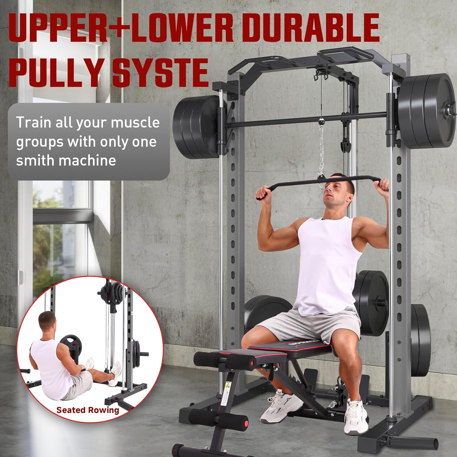 All-in-One Adjustable Smith Machine with LAT-Pull Down System Multi-Function Power Cage for Home Gym Cable Crossover Squat Rack of Workout Machine Training Equipment with Attachments