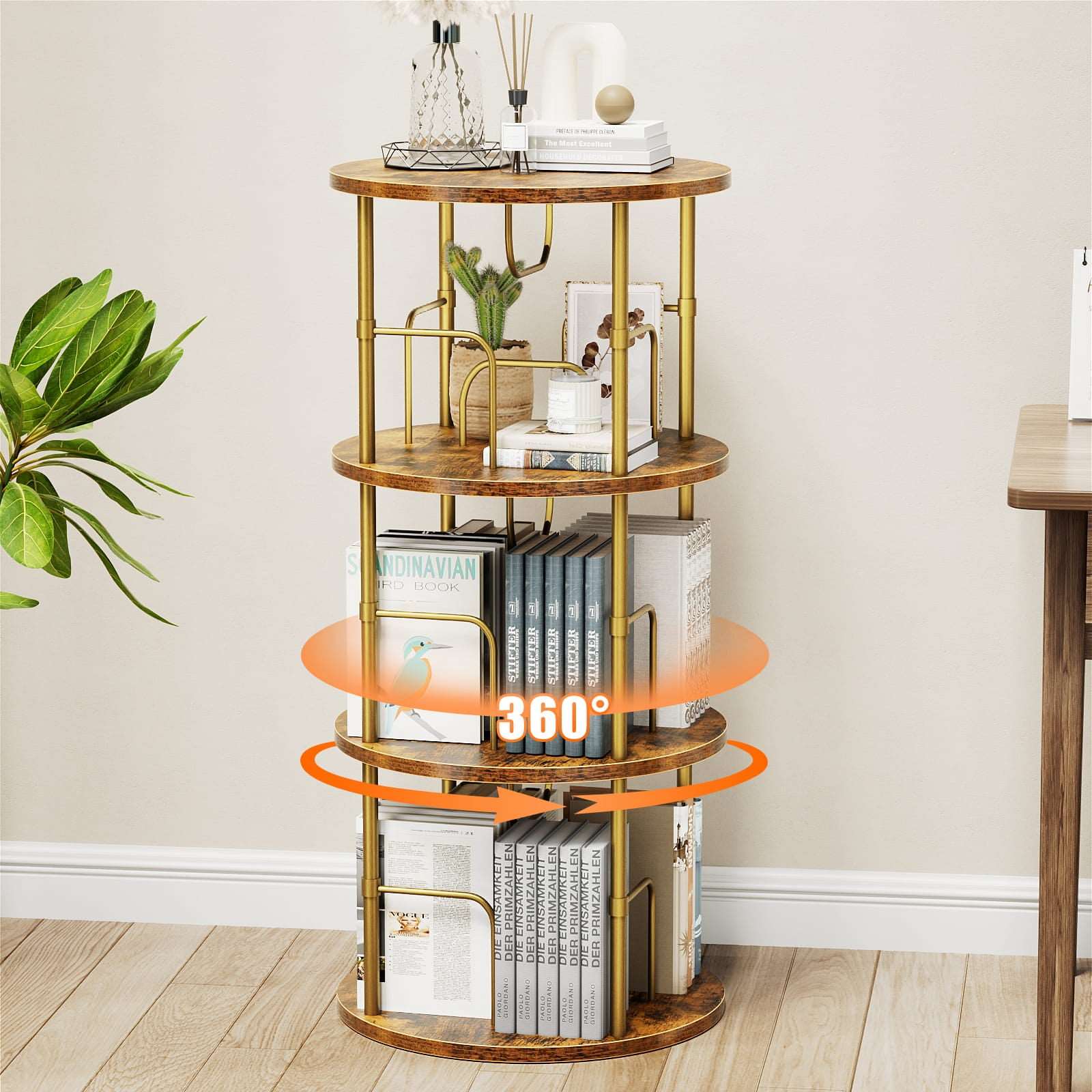3-5 Tier Rotating Bookshelf With 360° Spinning Display