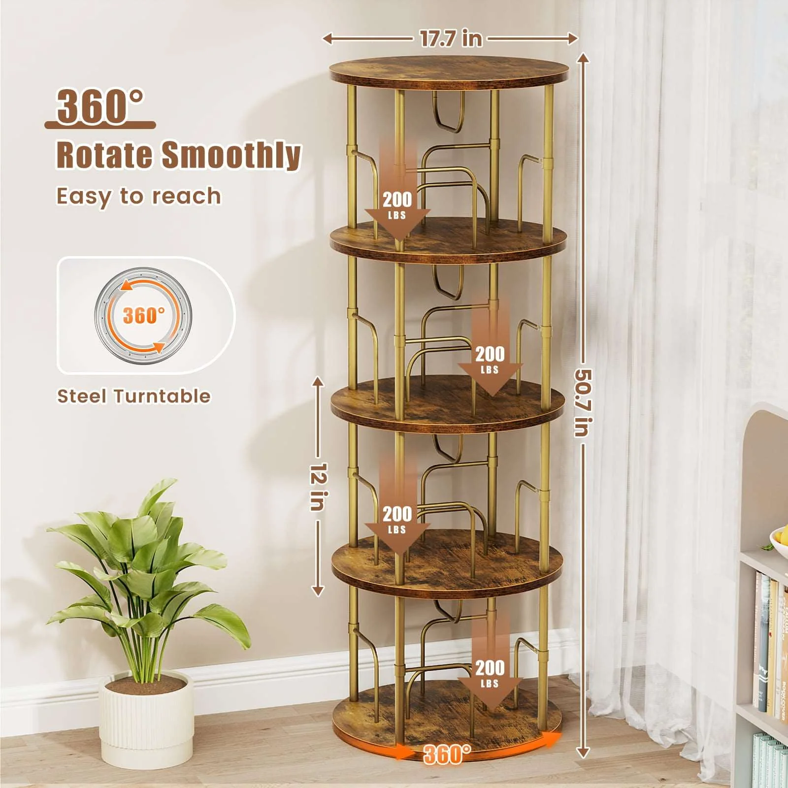 3-5 Tier Rotating Bookshelf With 360° Spinning Display