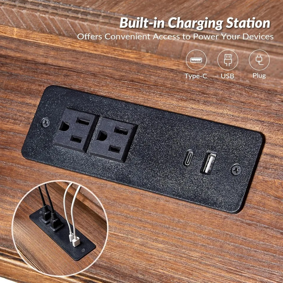 Farmhouse End Table with Charging Station, Solid Wood Nightstand with Drawer Shelf, Side Table with Pull-Out Shelf (Walnut)