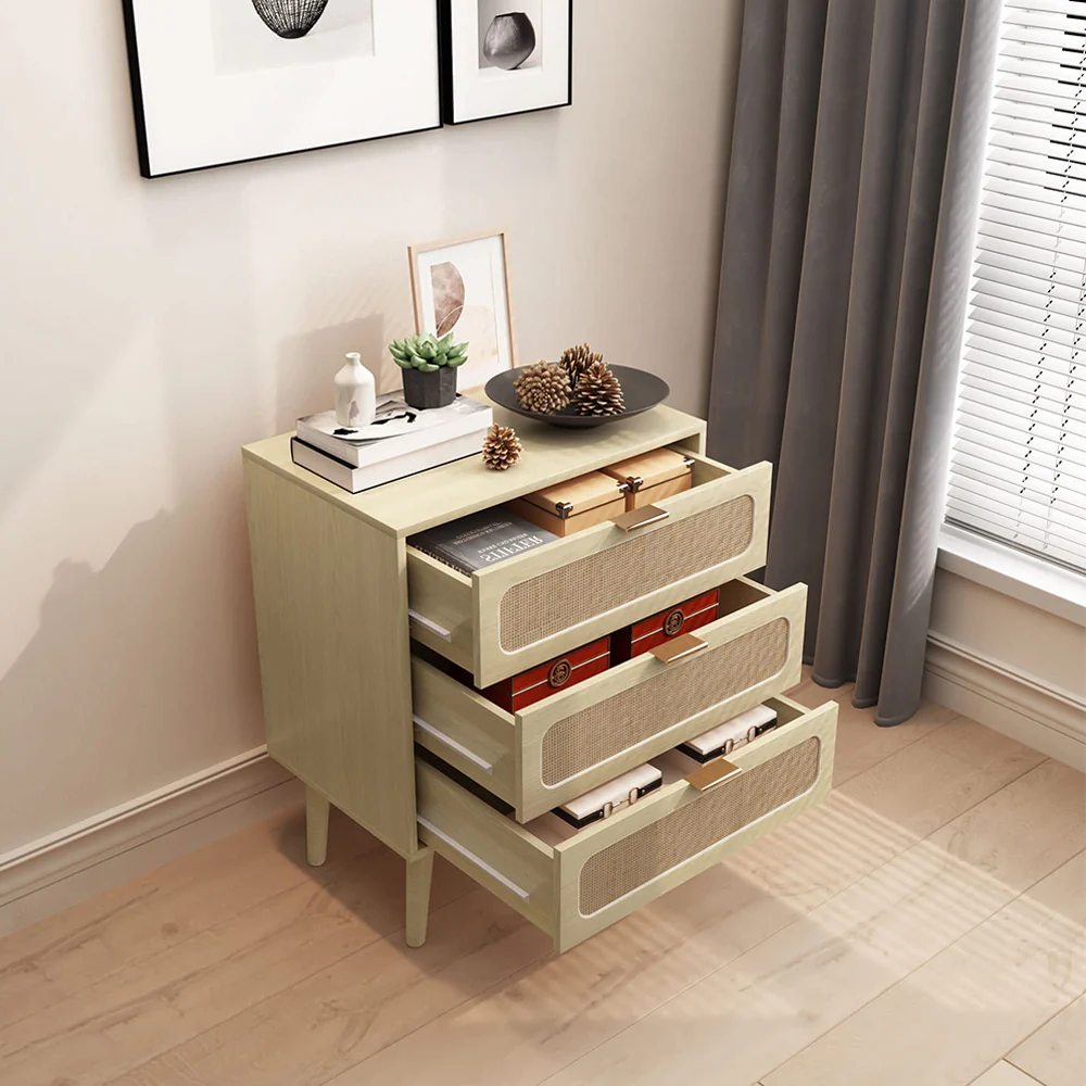 Rattan Nightstand Dresser Table with 3 Drawers