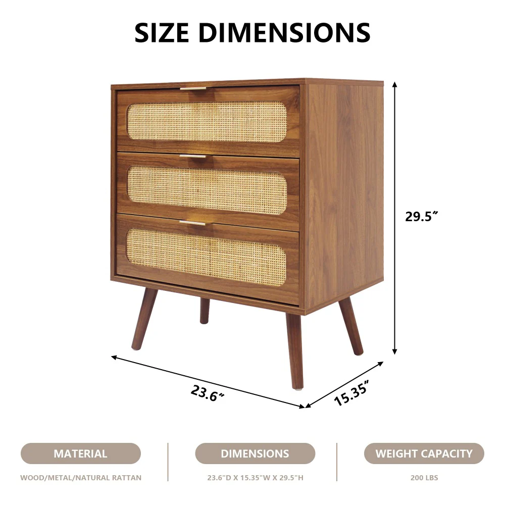 Rattan Nightstand Dresser Table with 3 Drawers