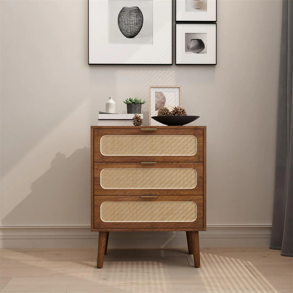 Rattan Nightstand Dresser Table with 3 Drawers
