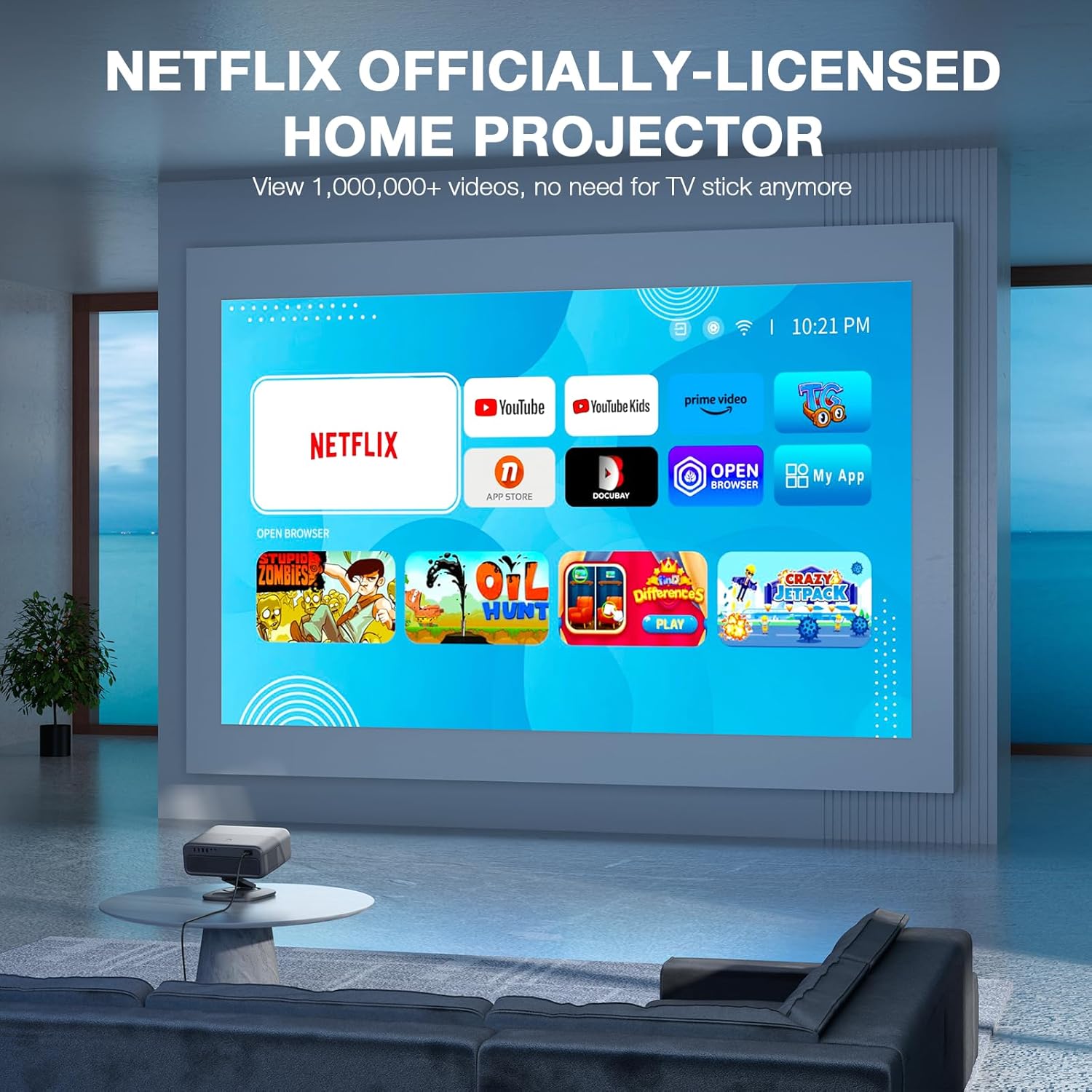 Smart Projector with Wifi and Bluetooth,Auto Focus&Keystone Projector4K,3D DoIby Audio, 1200ANSI Outdoor Projector with Omnidirectional Rotating Stand(Grey)