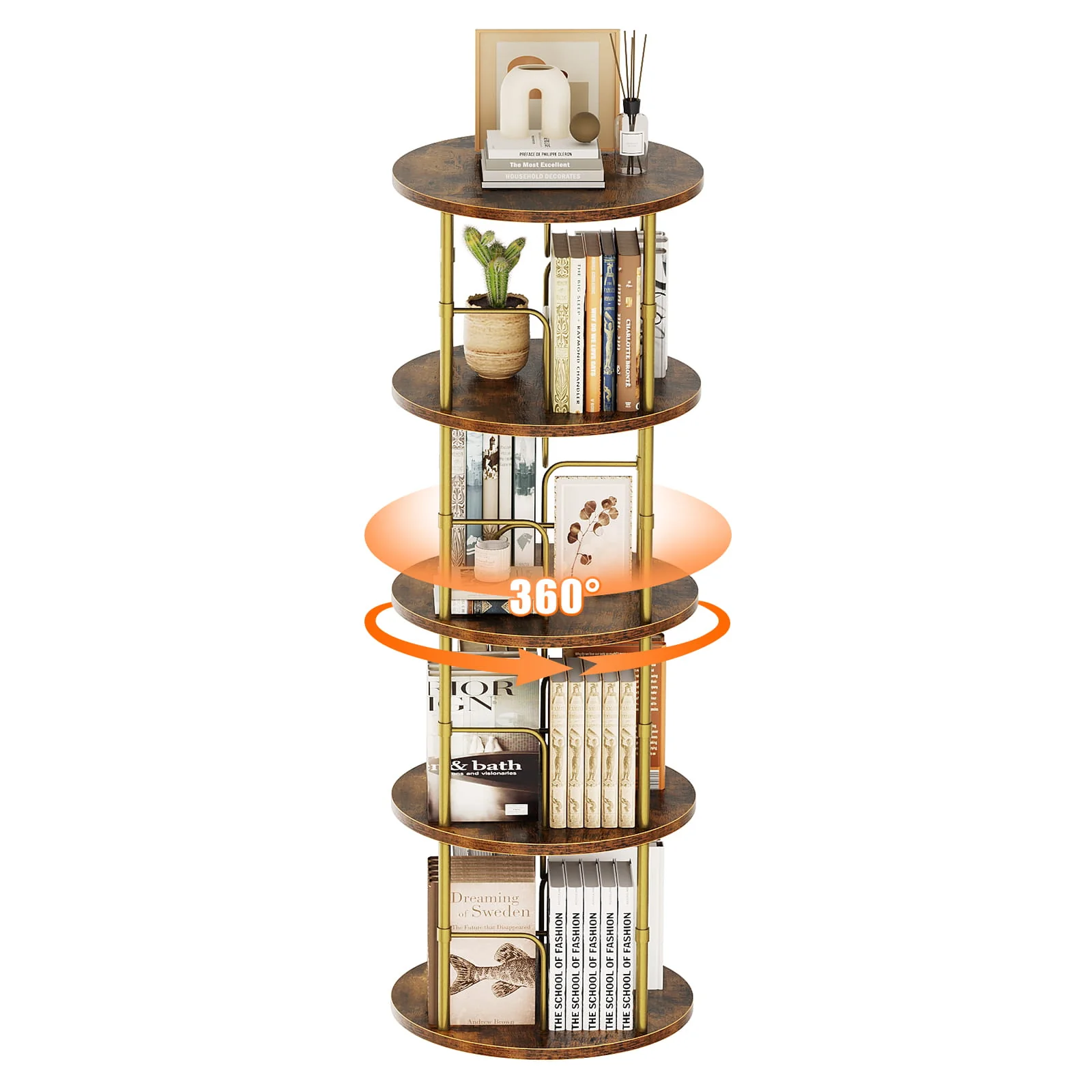 3-5 Tier Rotating Bookshelf With 360° Spinning Display