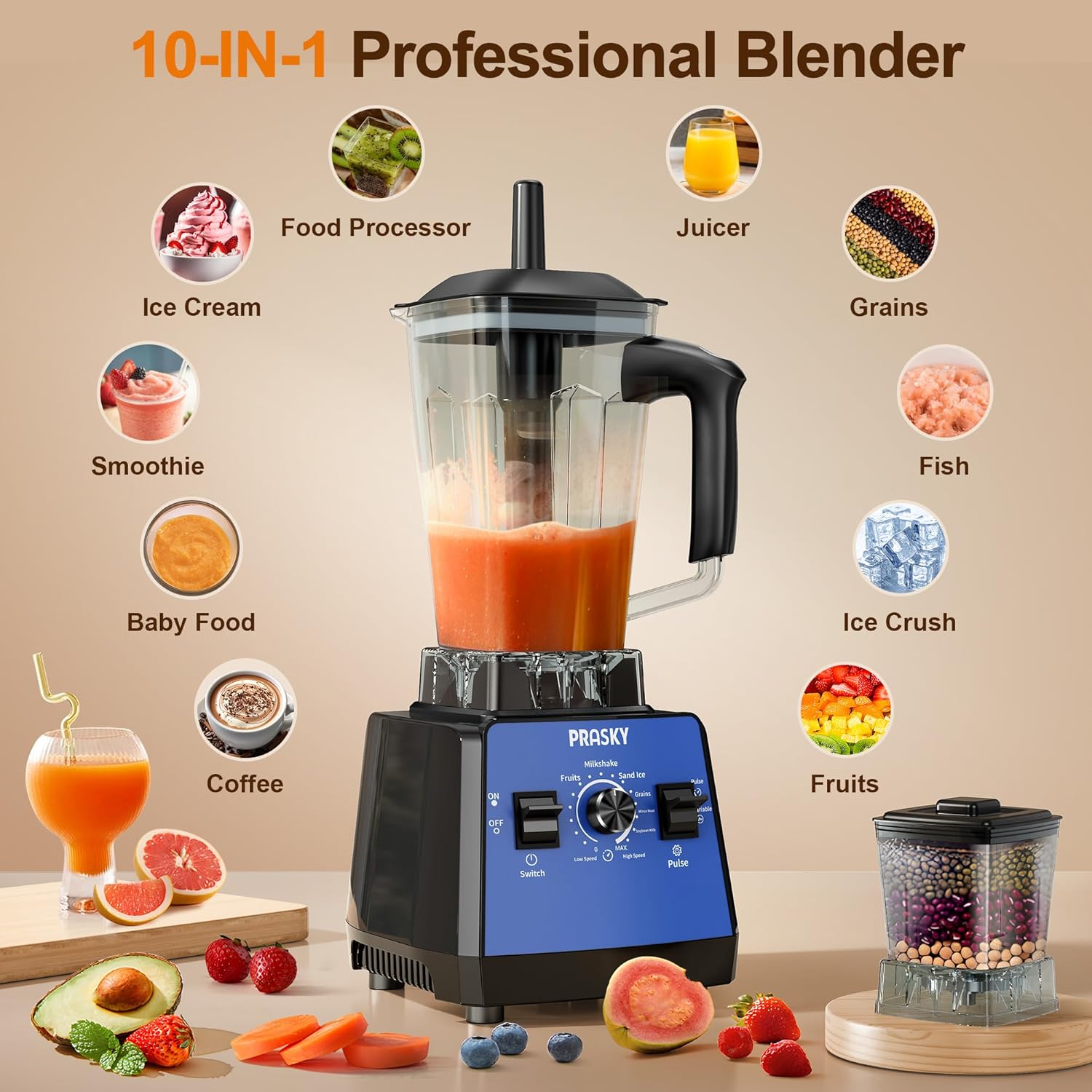 Professional Blender,Smoothies Blenders, Max.2400Watts/1000Watts Blender and Grinder Combo 25000RPM Powerful Kitchen 68oz BPA Free 2 Containers Countertop Blenders Ice Crushing, Juice