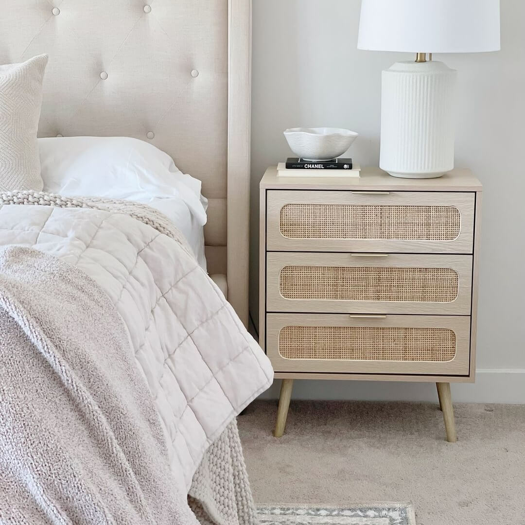 Rattan Nightstand Dresser Table with 3 Drawers