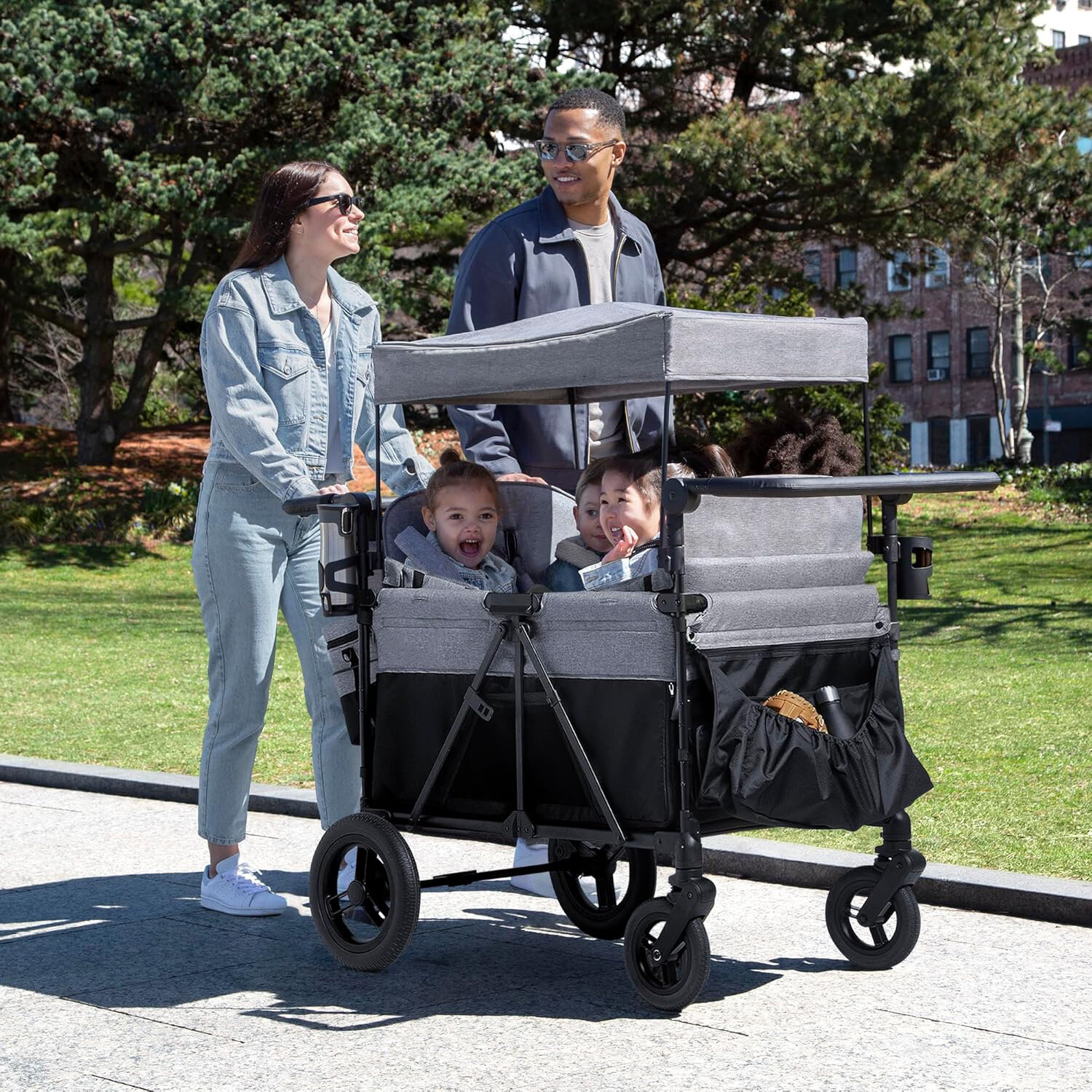 ⚡Flash Sale⚡2-IN-1 Premium Quad Stroller Wagon for 4 Kids with Convertible Seats, Removable Canopy & Flat Fold
