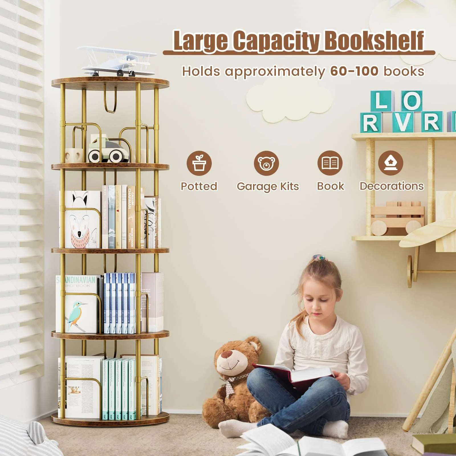 3-5 Tier Rotating Bookshelf With 360° Spinning Display
