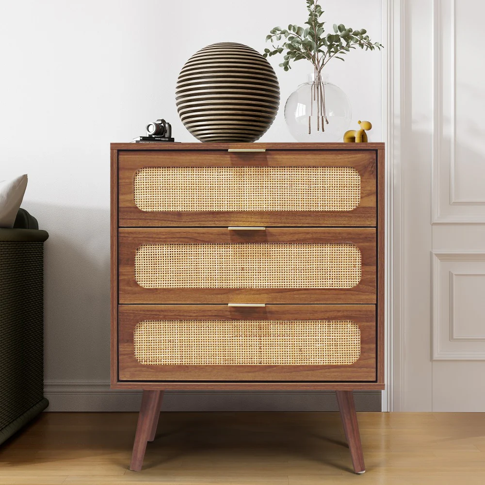 Rattan Nightstand Dresser Table with 3 Drawers
