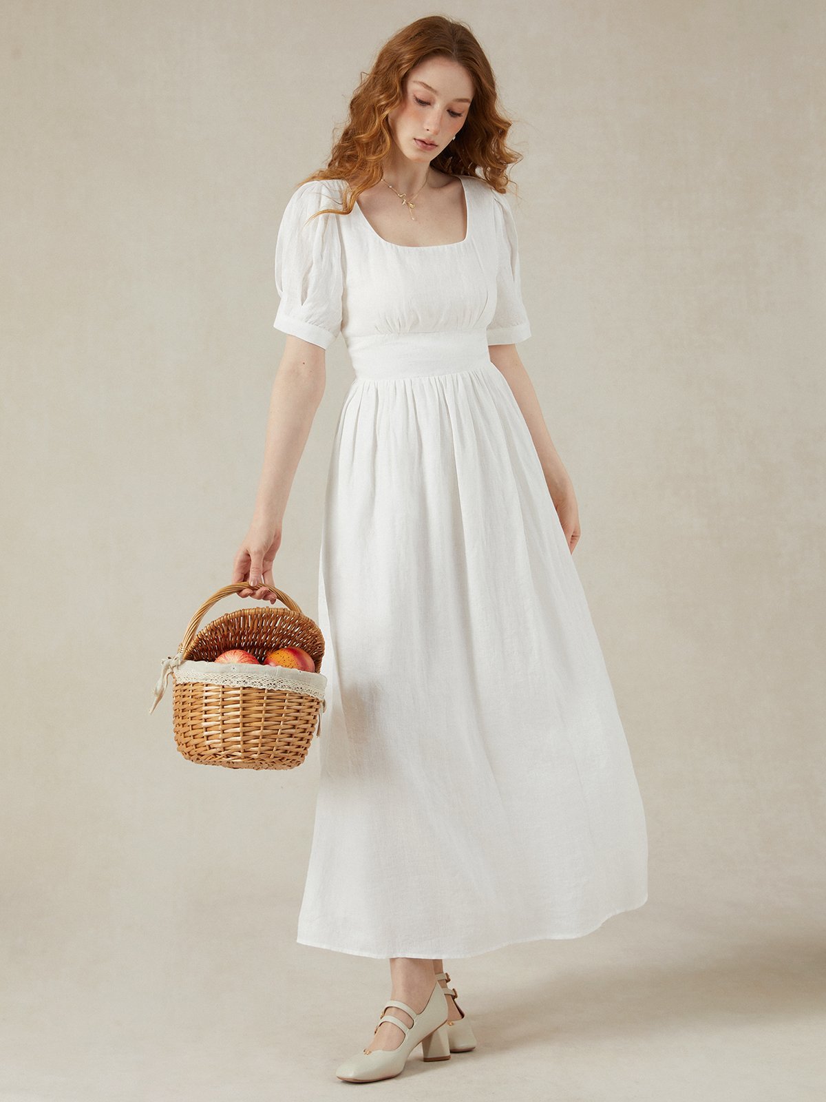 Linen Maxi Dress, Puff Sleeve, Short Sleeve, Square Neck, Vintage Dress, Linen, White