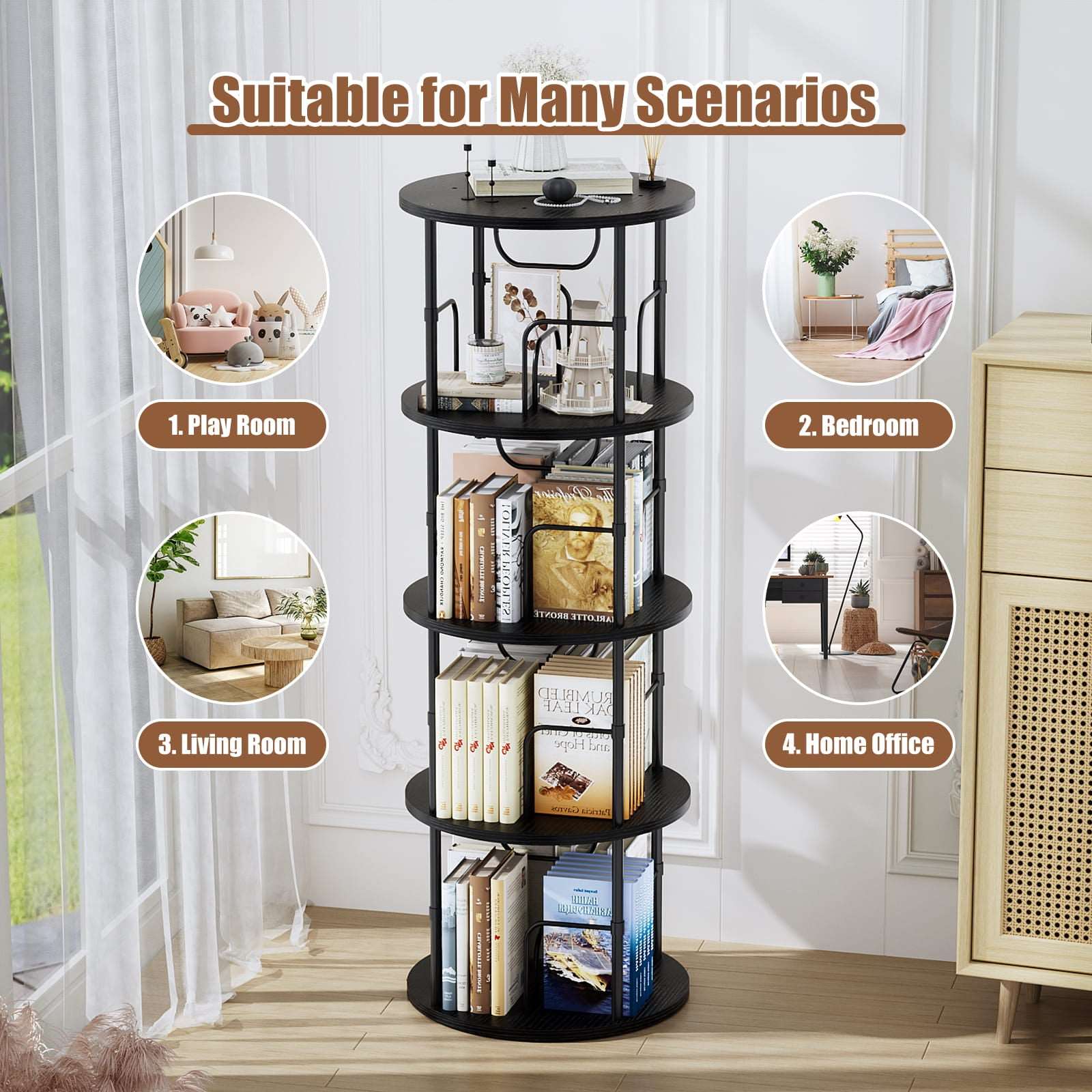 3-5 Tier Rotating Bookshelf With 360° Spinning Display