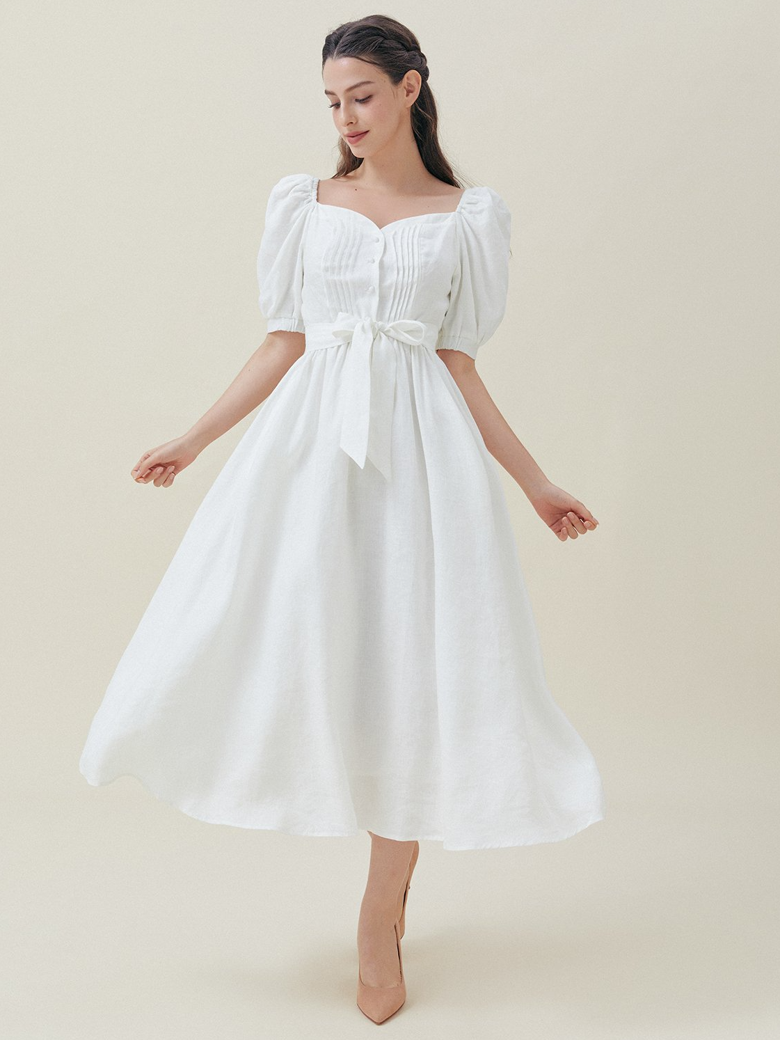 Plain Wedding Square Neck Regular Fit Short Sleeves Dress, White