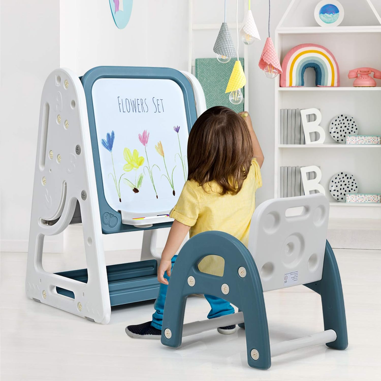 Kids Art Easel with Stool, 3 in 1 Double-Sided Magnetic Dry Erase Board and Kids Book Rack with Foldable Desktop, Adjustable Standing Easel with Letters and Number Magnets