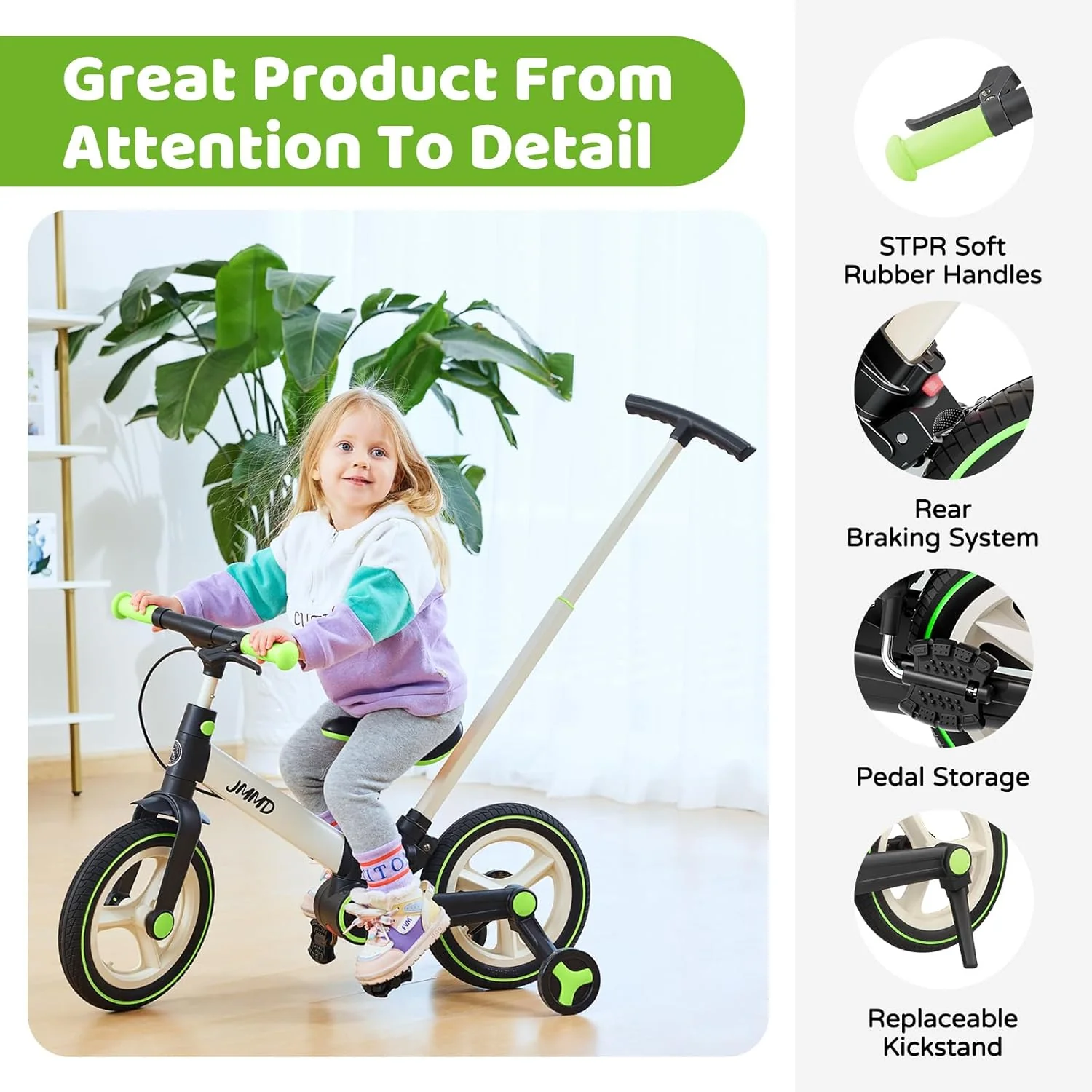 6-in-1 Toddler Bike & Stroller | Foldable Push Bike w/Training Wheels