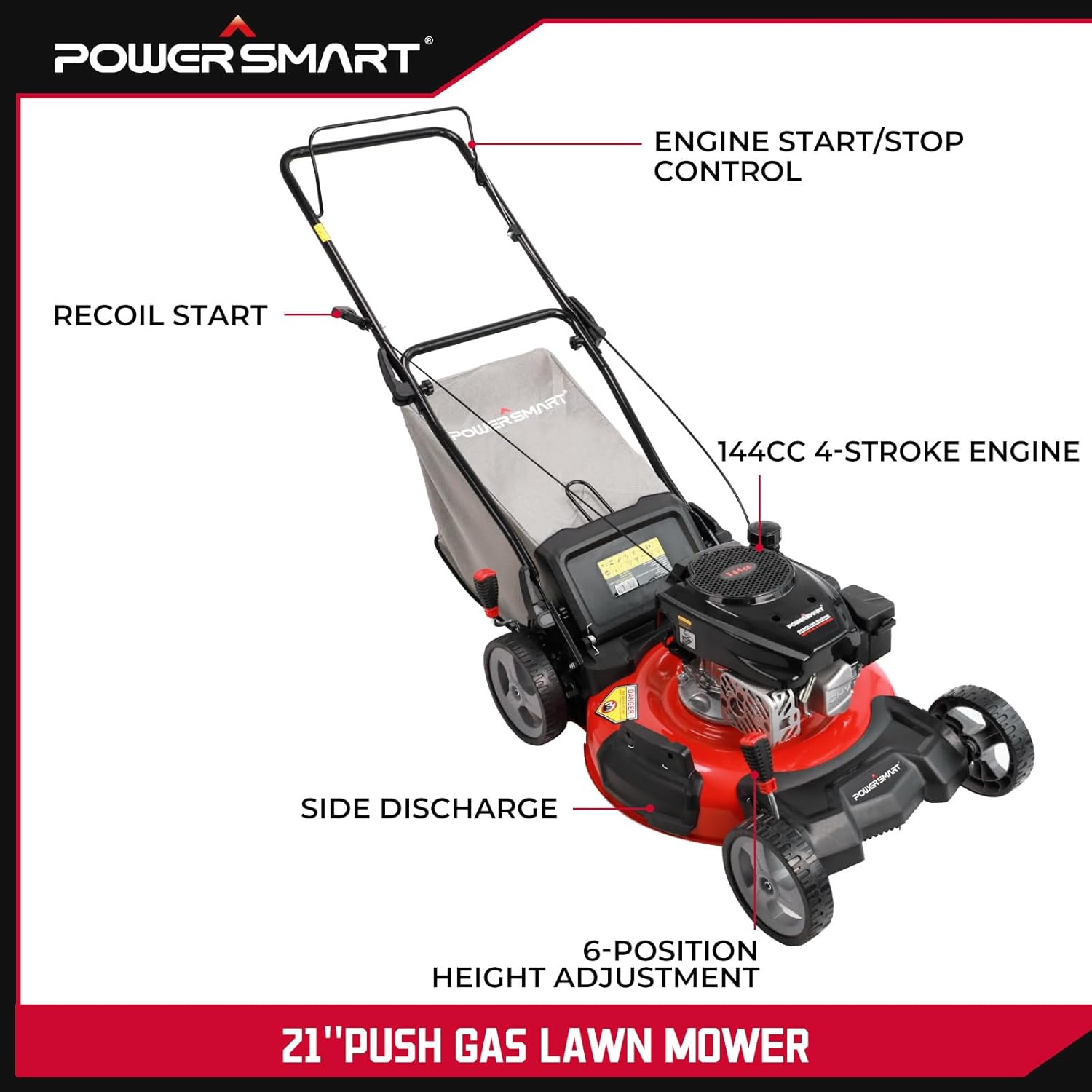 Gas Lawn Mower 21-Inch 144cc OHV Engine 3-in-1 Push Mower with Bagging