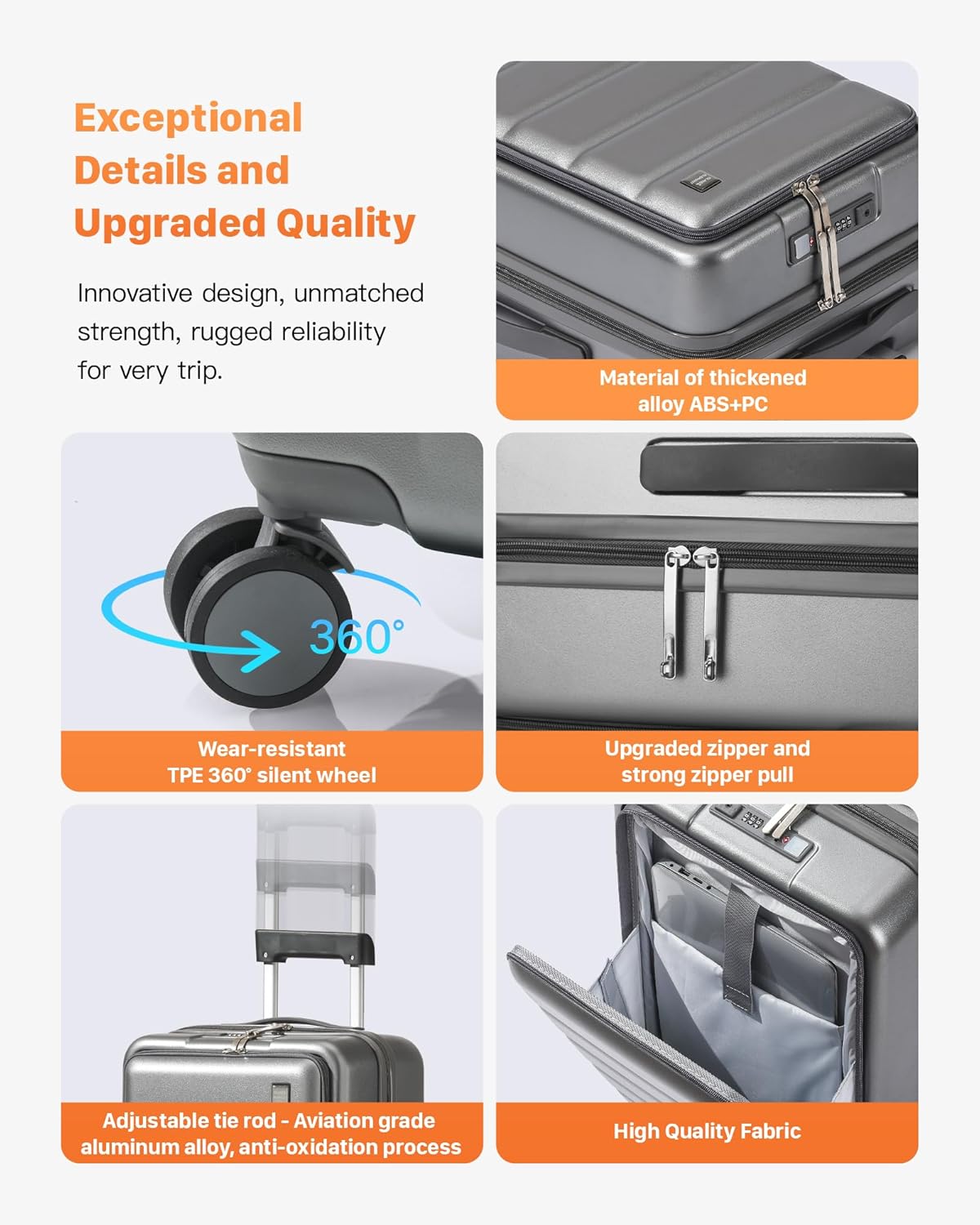 20 IN Carry On Luggage 22x14x9 Airline Approved - Front Pocket Hardside Travel Suitcase Unbreakable