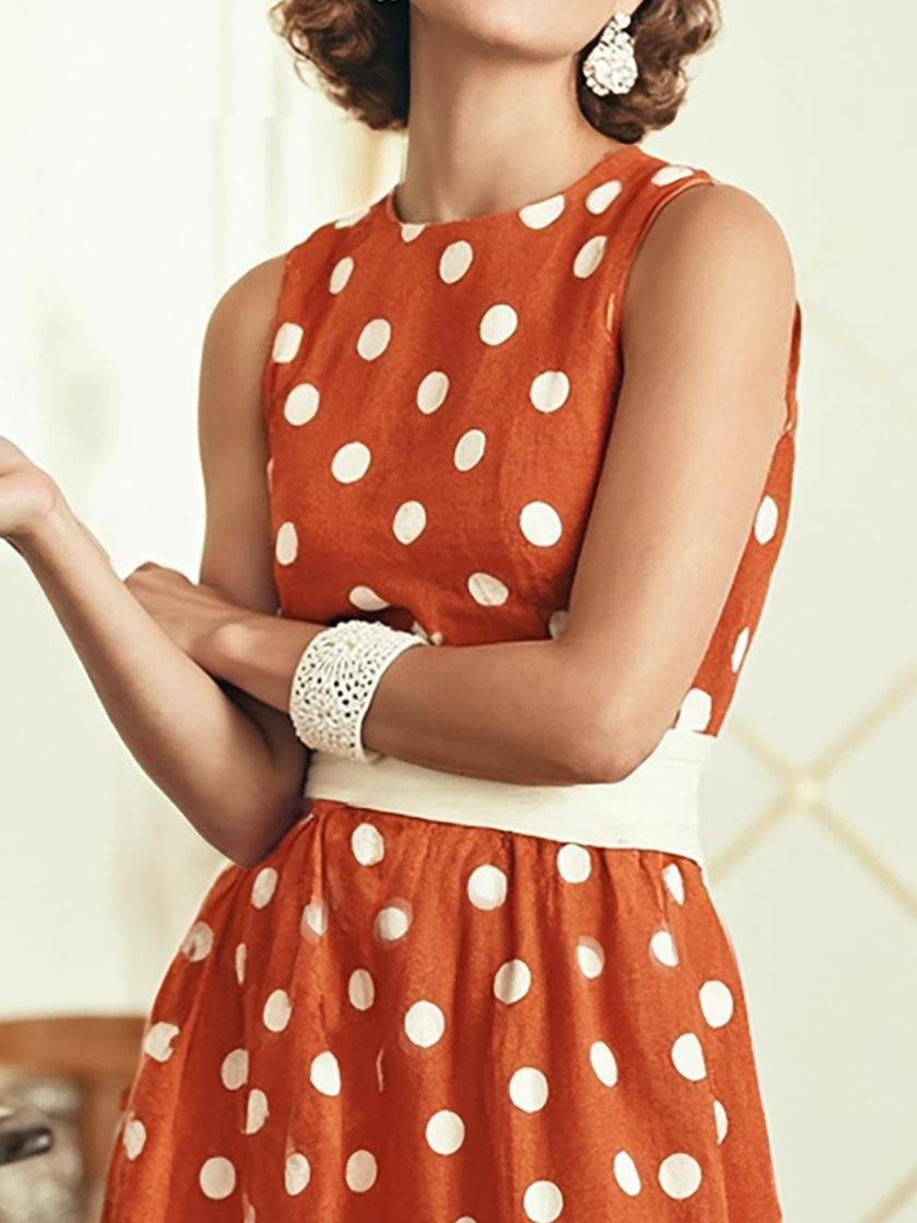 Maxi Cotton Dress , Sleeveless, Round Neck, Polka Dots, Belt Design, Vintage, Orange Red