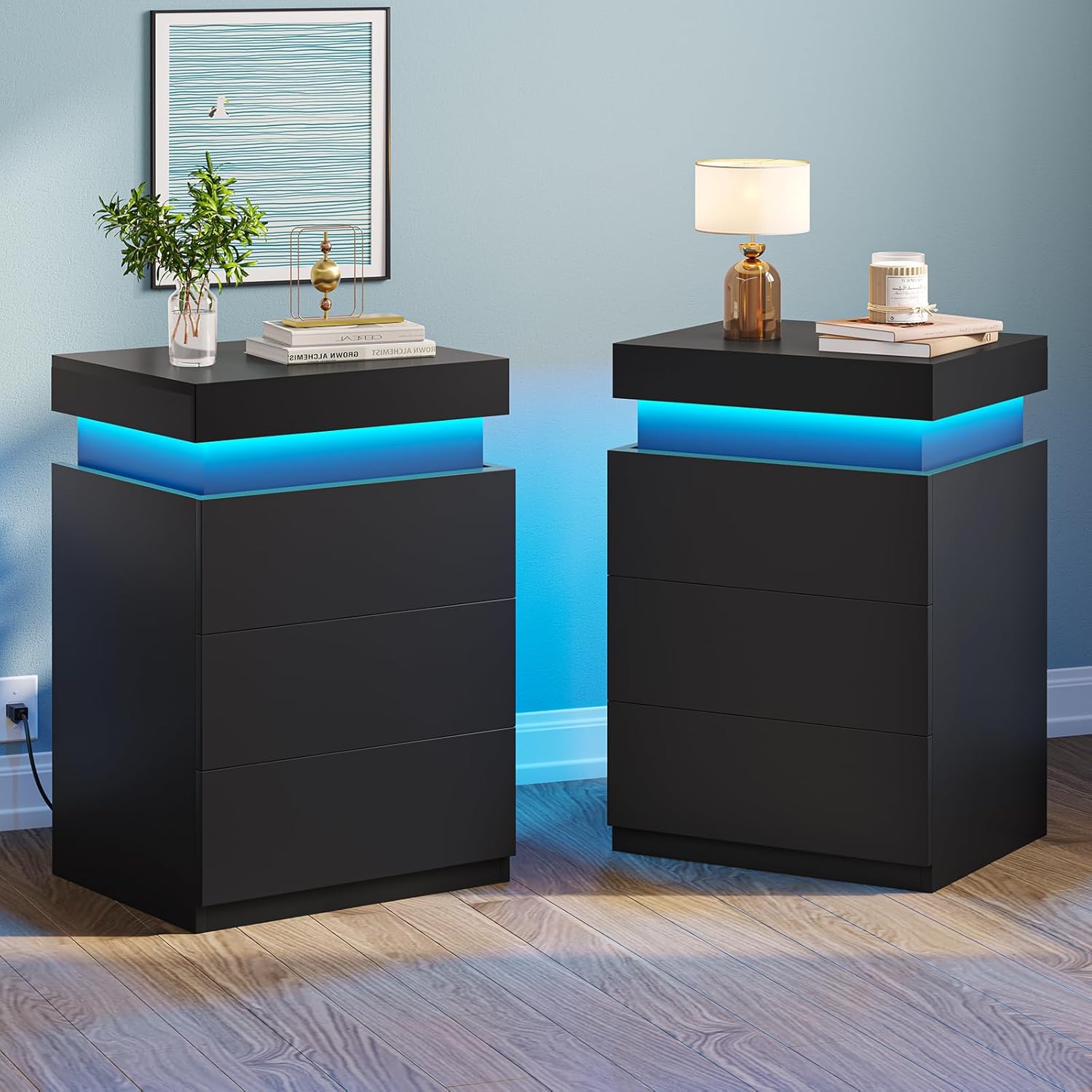 LED Nightstands Set of 2,Nightstand with Charging Station and Sliding Top