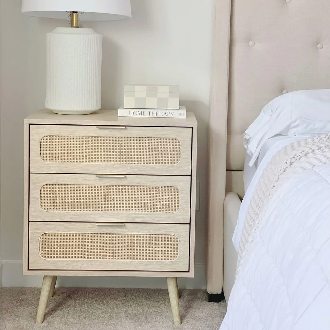 Rattan Nightstand Dresser Table with 3 Drawers