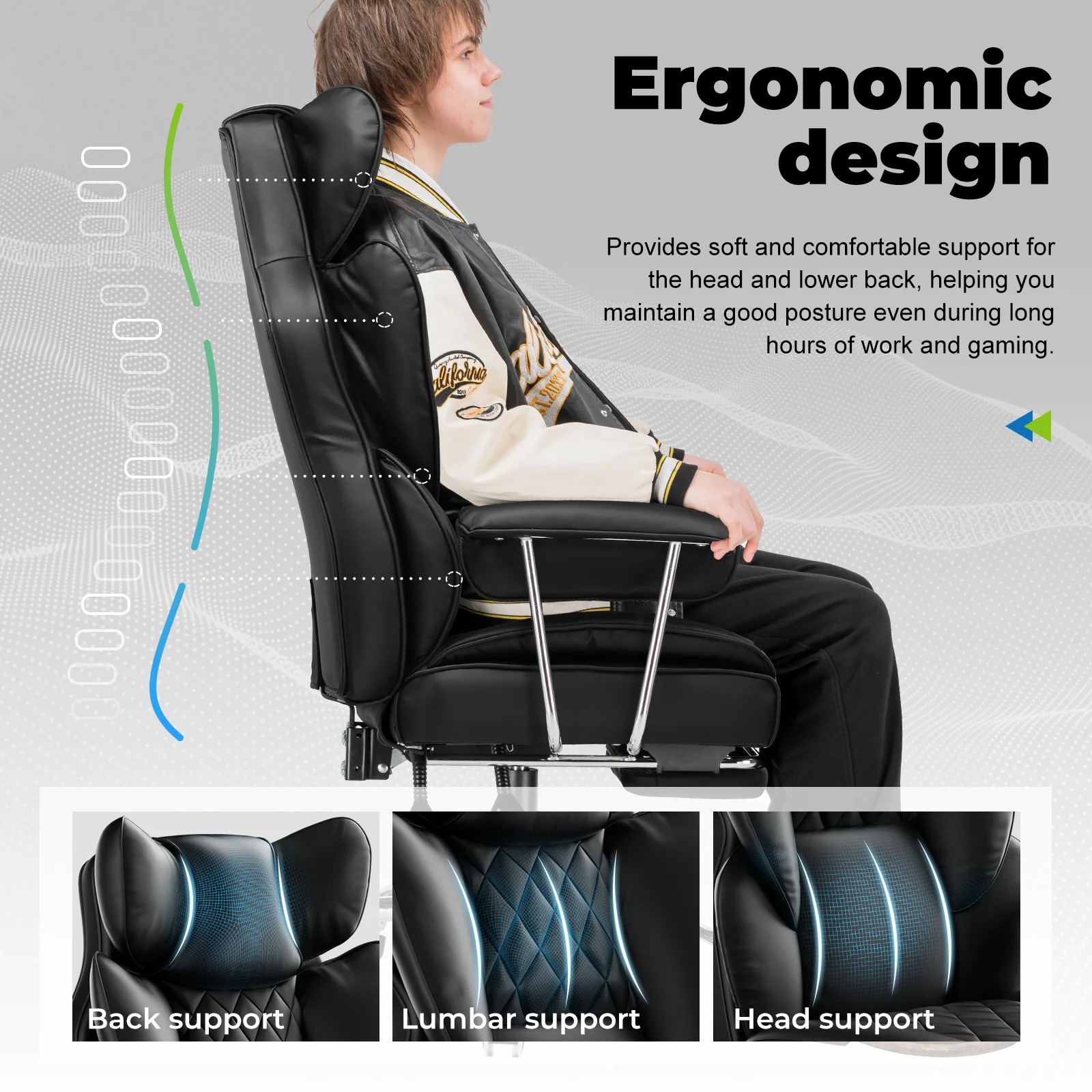 Leather Game & Office Chair with Lumbar Support & Adjustable Footrest GT205