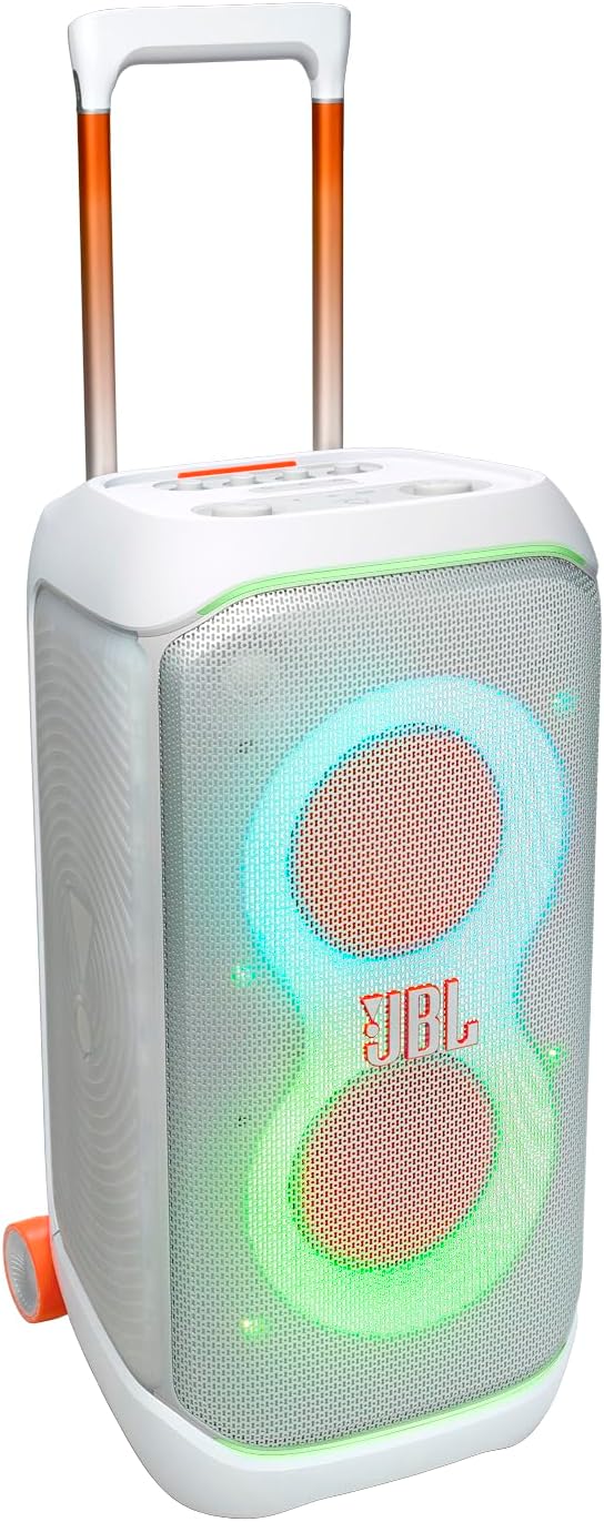 Portable Party Speaker with Telescopic Handle & Wide, Sturdy Wheels, Powerful JBL Pro Sound, Futuristic lightshow, Up to 18 Hours of Play time, Splash Proof