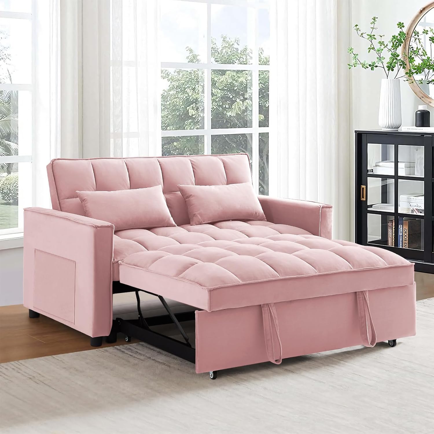 3 in 1 Convertible Sleeper Sofa Bed, Modern Velvet Loveseat Futon Couch w/Pullout Bed, Small Love Seat Lounge Sofa w/Reclining Backrest, Toss Pillows, Pockets, Furniture for Living Room, Beige